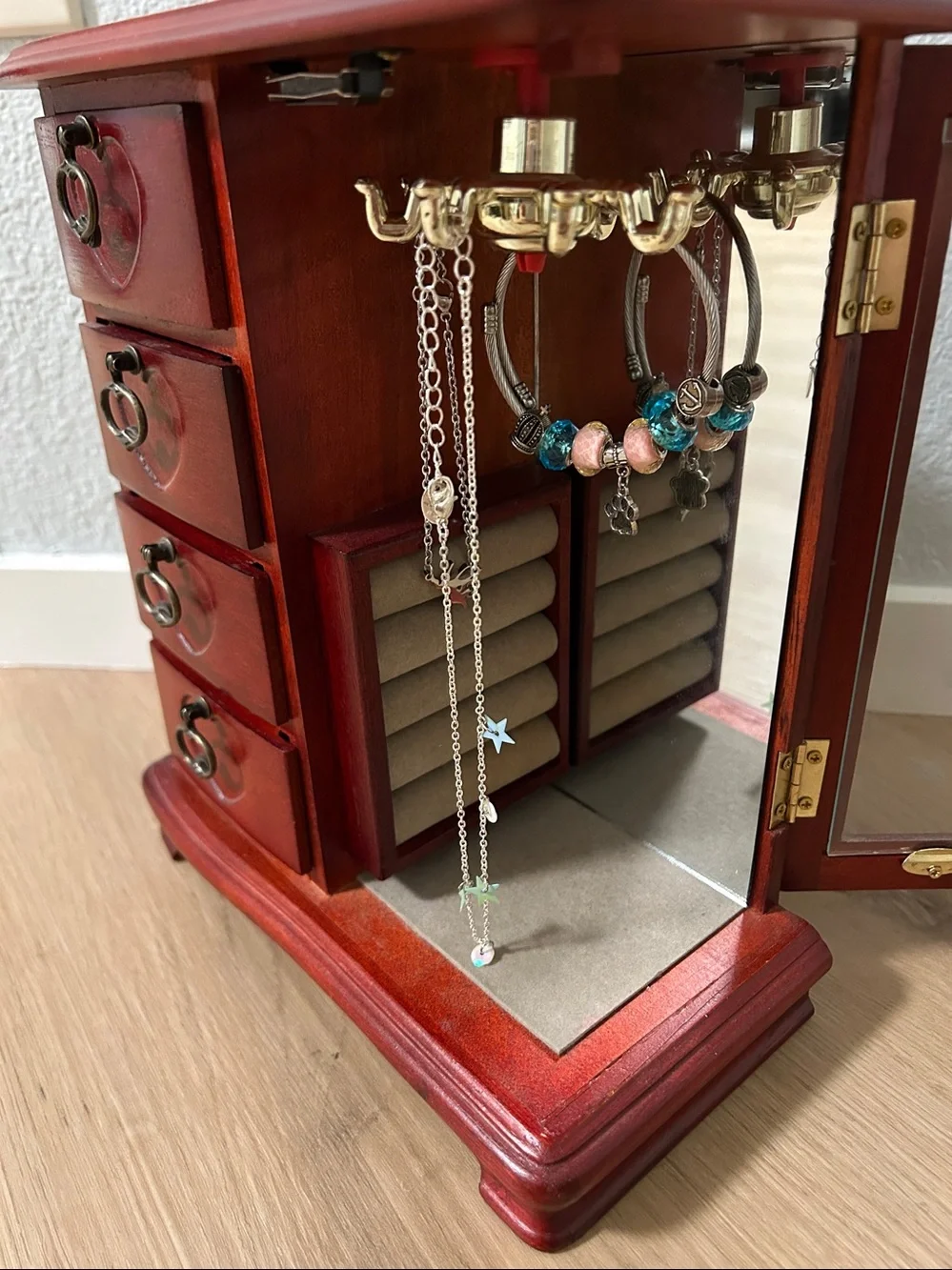 Red Wooden Jewelry Armoire with Glass Door Jewelry Wood Storage Cabinet-Small